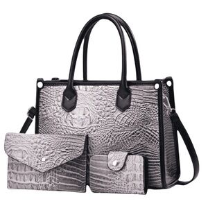 Charcoal Gray Crocodile Pattern Medium Handbag Set w Crossbody Strap PU Leather